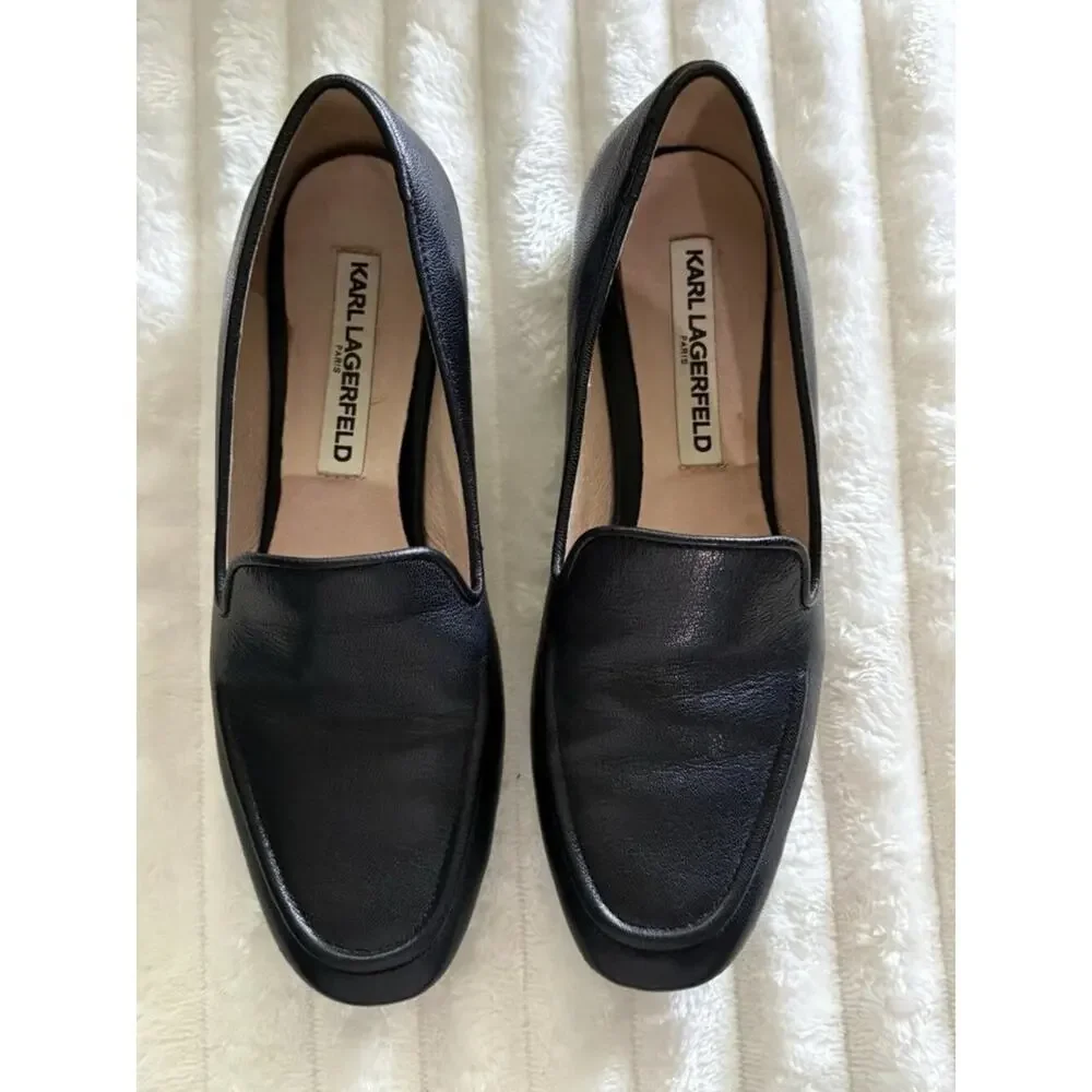 Karl Lagerfeld Brynn Black Leather Slip on Heel Loafers Shoes Women 6M US